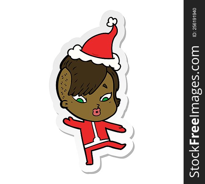 Sticker Cartoon Of A Surprised Girl In Science Fiction Clothes Wearing Santa Hat