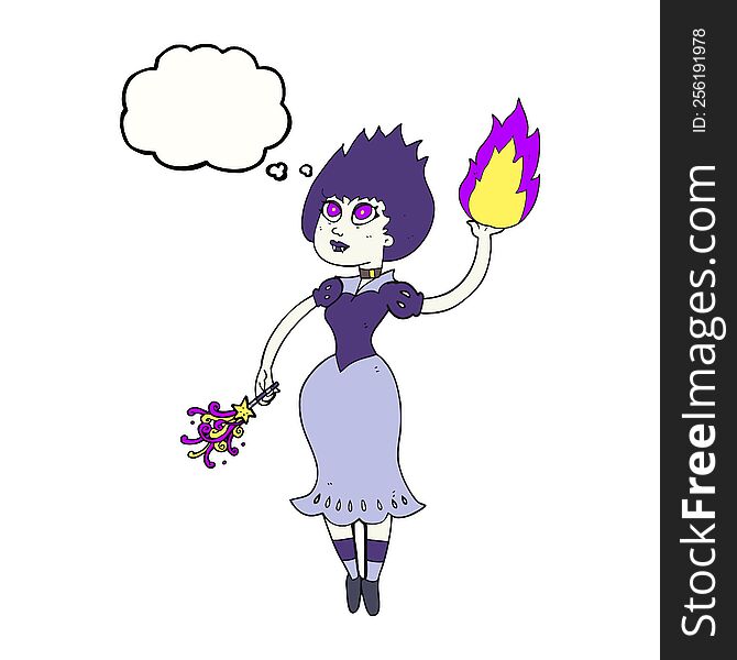 freehand drawn thought bubble cartoon vampire girl casting fireball