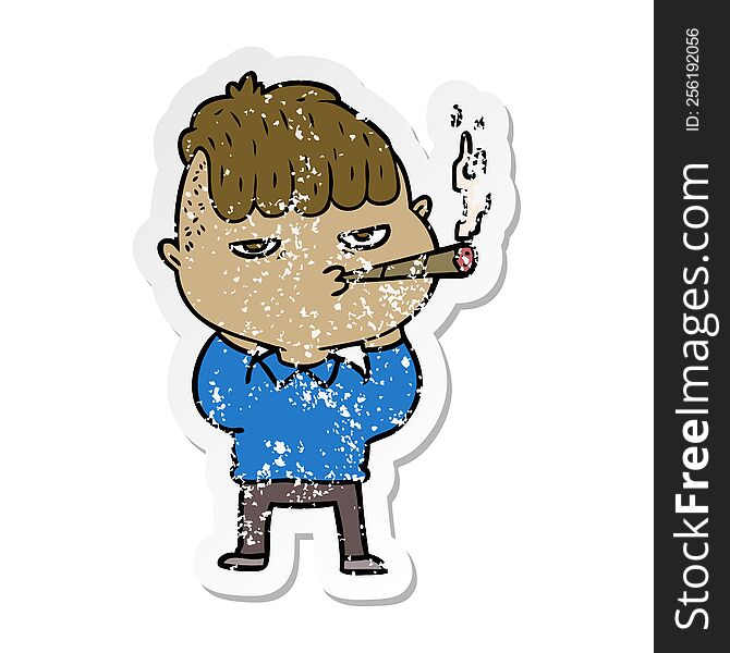 distressed sticker of a cartoon man smoking