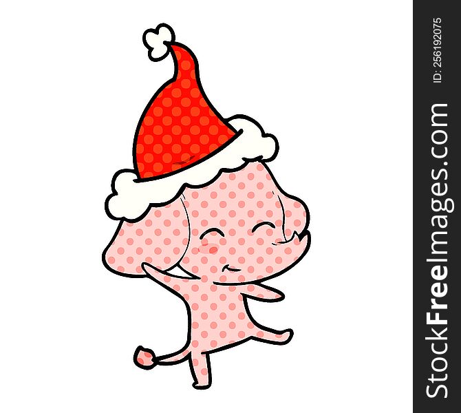 cute hand drawn comic book style illustration of a elephant dancing wearing santa hat