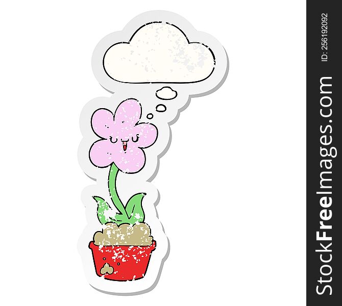 Cute Cartoon Flower And Thought Bubble As A Distressed Worn Sticker