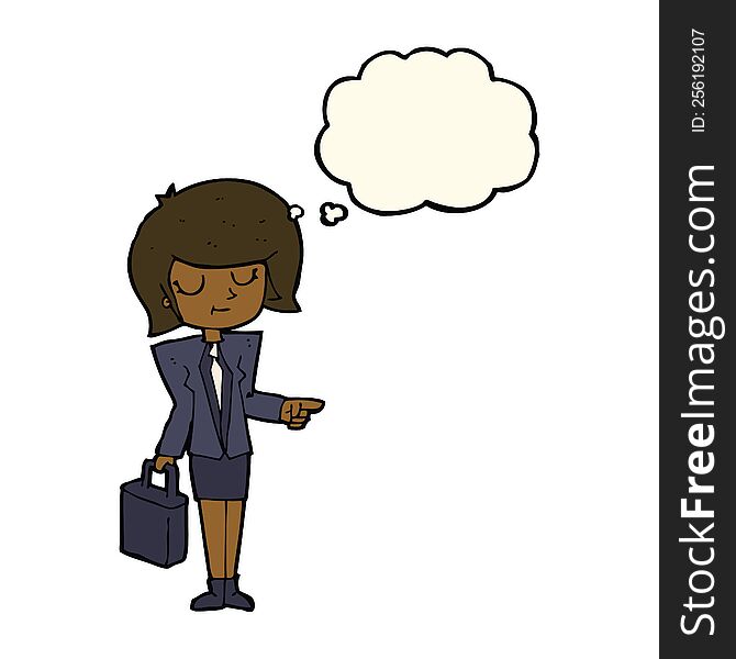 cartoon businesswoman pointing with thought bubble