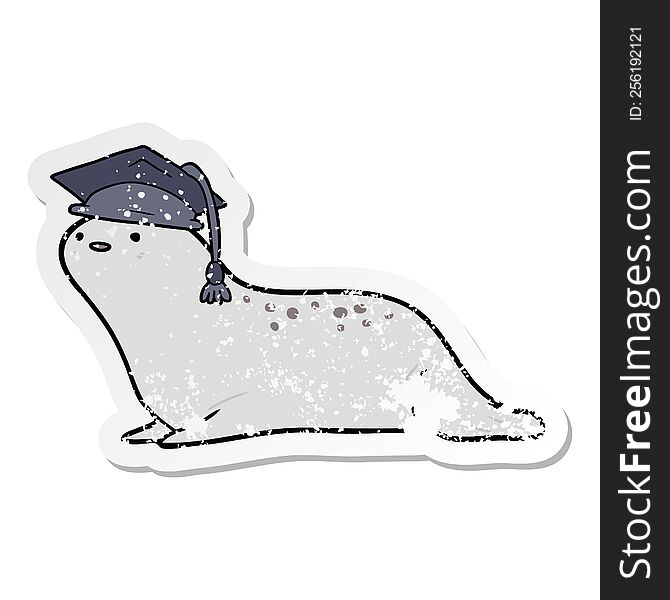 distressed sticker of a cartoon graduate seal