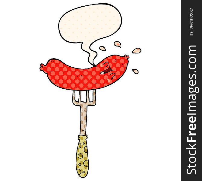 Cartoon Happy Sausage On Fork And Speech Bubble In Comic Book Style