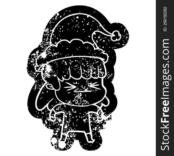 quirky cartoon distressed icon of a woman wearing santa hat