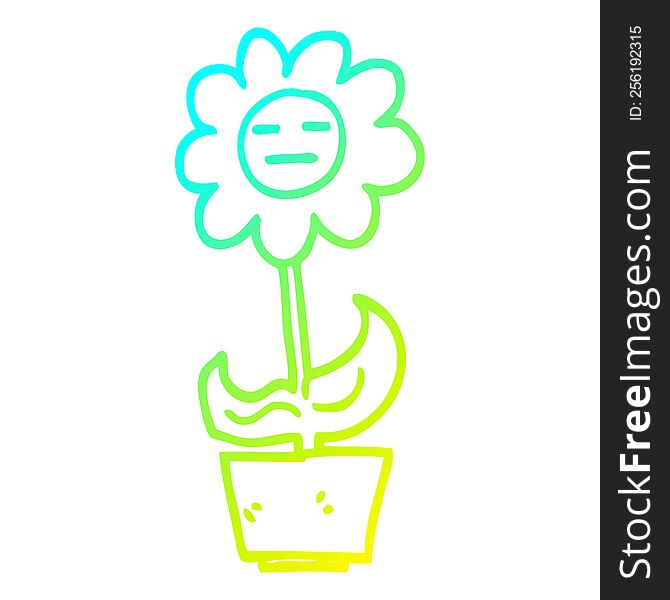 Cold Gradient Line Drawing Cartoon Flower In Pot