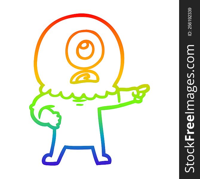 rainbow gradient line drawing of a cartoon cyclops alien spaceman pointing