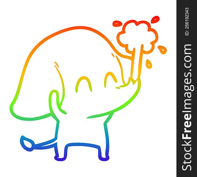 rainbow gradient line drawing of a cute cartoon elephant spouting water