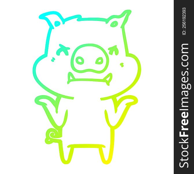 Cold Gradient Line Drawing Angry Cartoon Pig Shrugging Shoulders