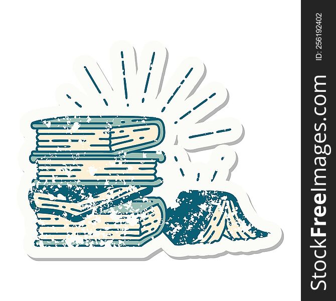 worn old sticker of a tattoo style stack of books. worn old sticker of a tattoo style stack of books