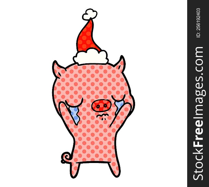 Comic Book Style Illustration Of A Pig Crying Wearing Santa Hat