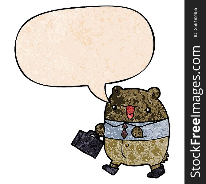 cute cartoon business bear with speech bubble in retro texture style
