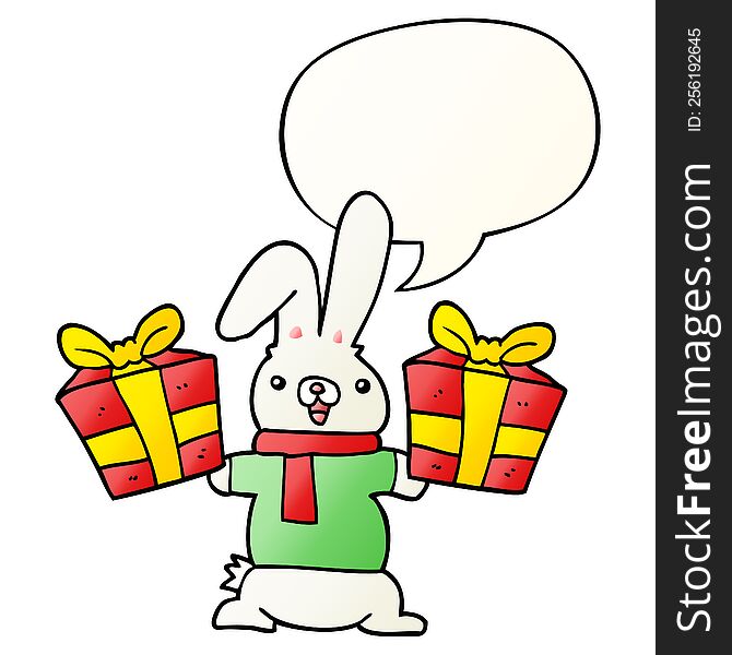 cartoon rabbit with christmas presents with speech bubble in smooth gradient style. cartoon rabbit with christmas presents with speech bubble in smooth gradient style