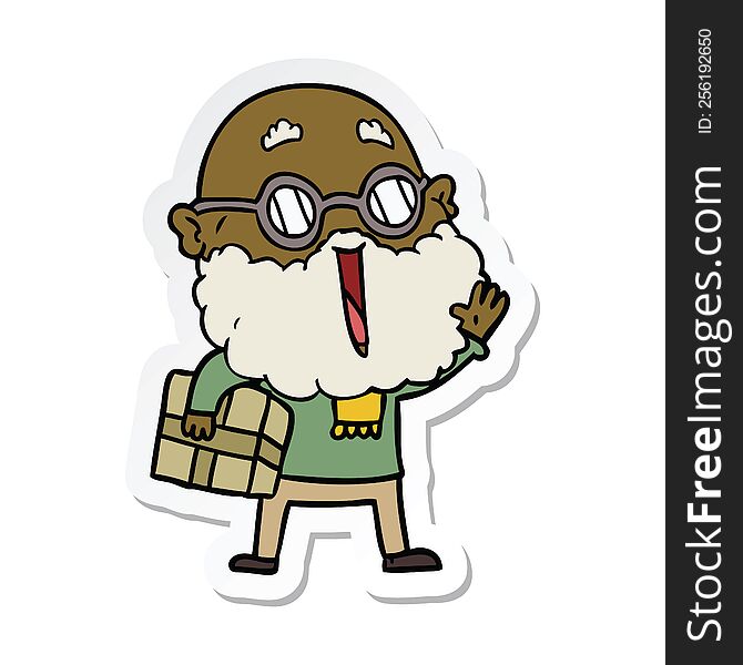 Sticker Of A Cartoon Joyful Man With Beard And Parcel Under Arm