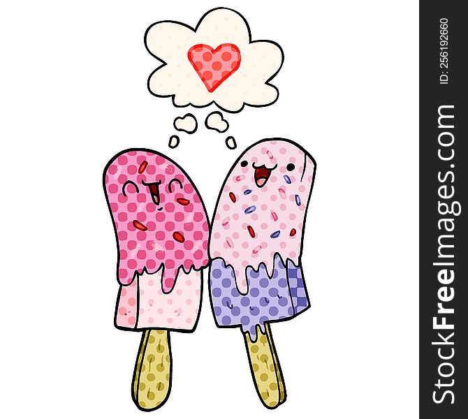 Cartoon Ice Lolly In Love And Thought Bubble In Comic Book Style