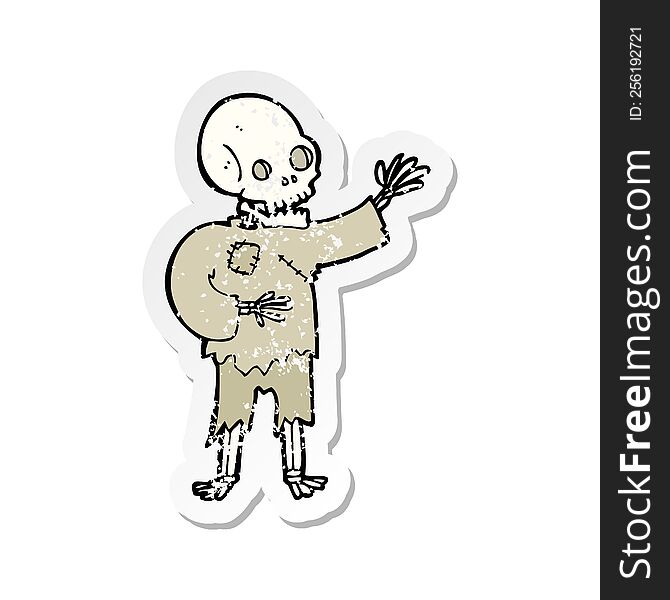 retro distressed sticker of a cartoon skeleton waving