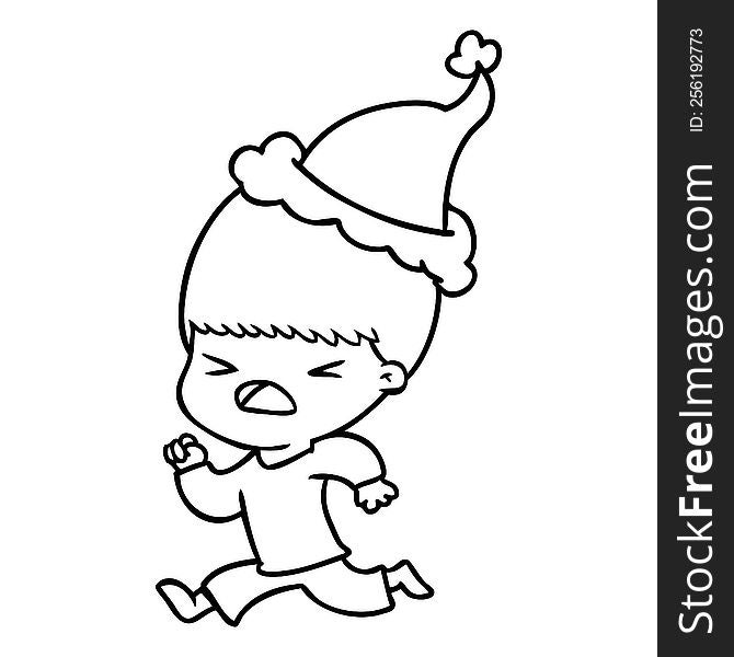 hand drawn line drawing of a stressed man wearing santa hat
