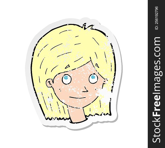 Retro Distressed Sticker Of A Cartoon Happy Female Face
