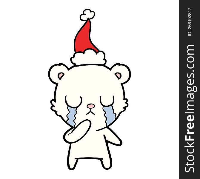 crying polar bear hand drawn line drawing of a wearing santa hat. crying polar bear hand drawn line drawing of a wearing santa hat