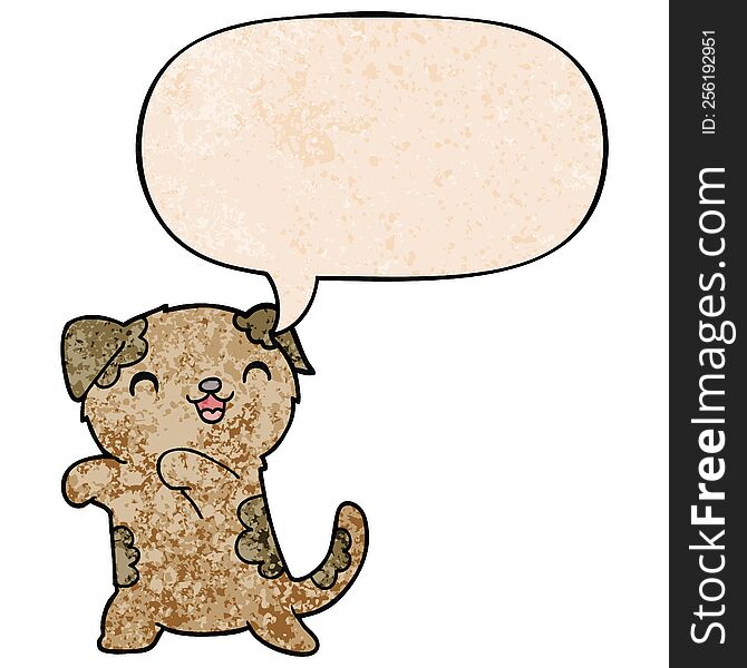 cute cartoon puppy with speech bubble in retro texture style