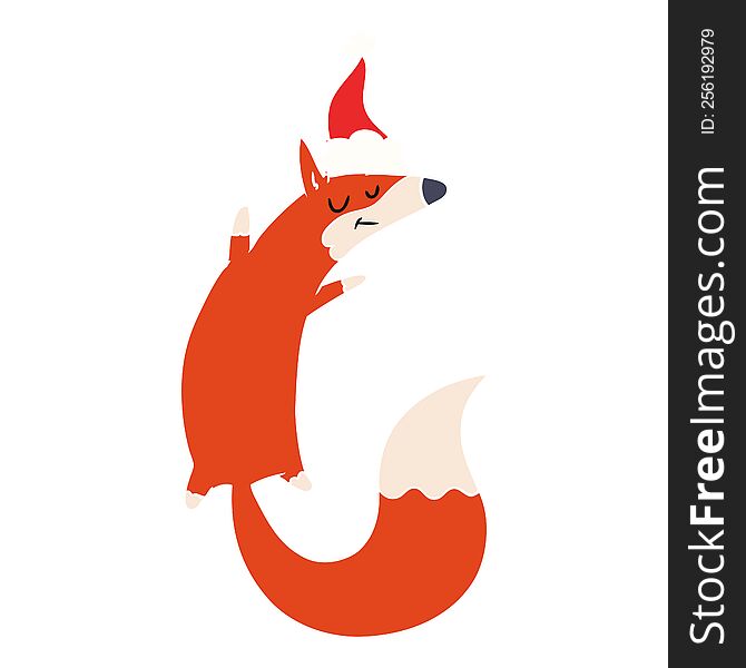 Flat Color Illustration Of A Jumping Fox Wearing Santa Hat
