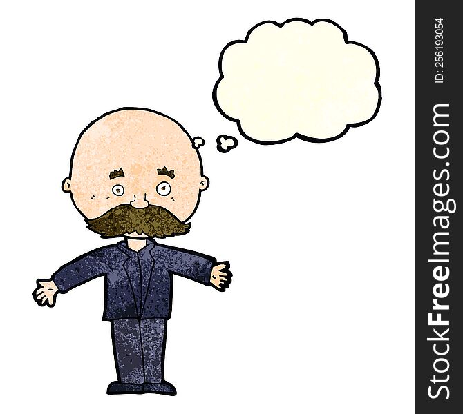 Cartoon Bald Man With Open Arms With Thought Bubble