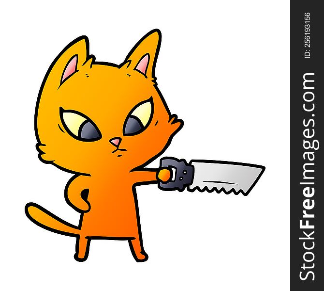 confused cartoon cat with saw. confused cartoon cat with saw