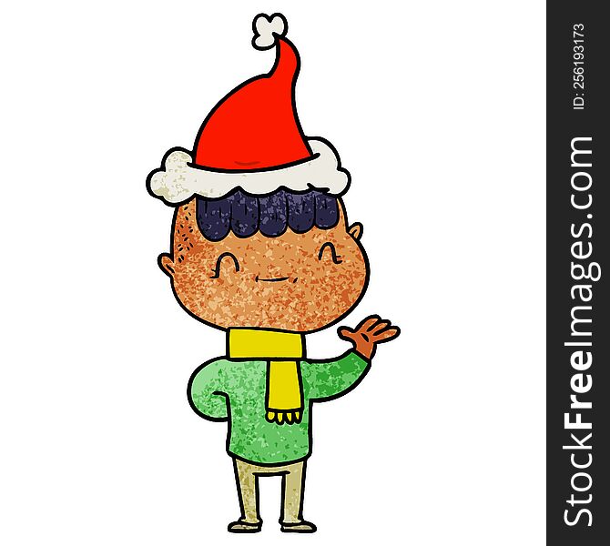 hand drawn textured cartoon of a friendly boy wearing santa hat