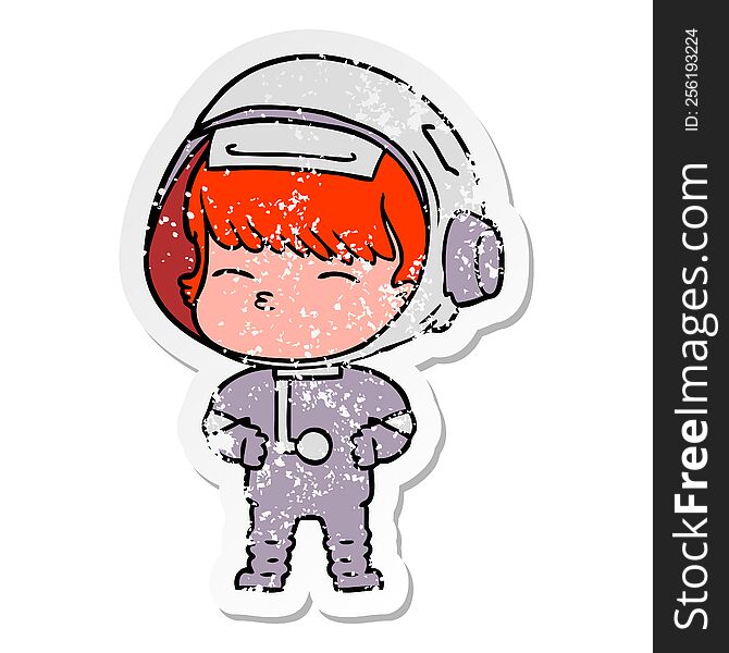 Distressed Sticker Of A Cartoon Curious Astronaut