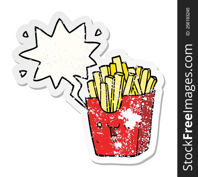 Cute Cartoon Box Of Fries And Speech Bubble Distressed Sticker