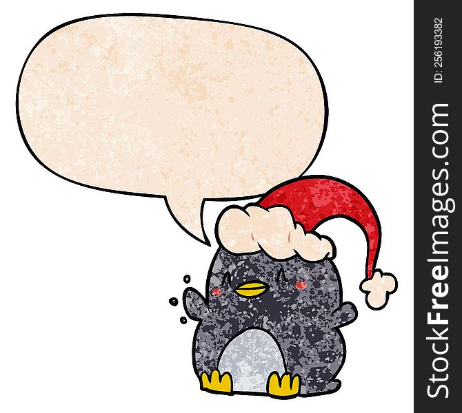 Cartoon Penguin Wearing Christmas Hat And Speech Bubble In Retro Texture Style