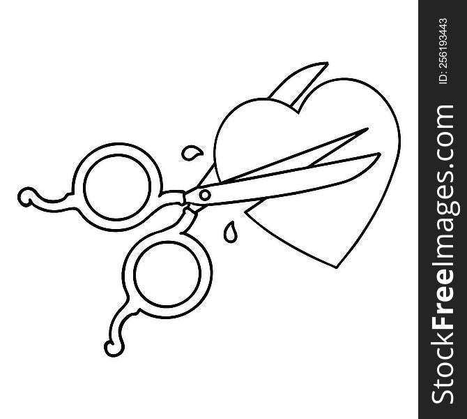 tattoo in black line style of scissors cutting a heart. tattoo in black line style of scissors cutting a heart