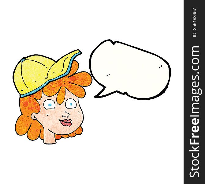 freehand speech bubble textured cartoon woman wearing cap. freehand speech bubble textured cartoon woman wearing cap
