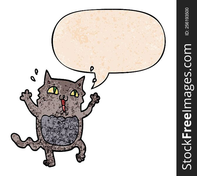 cartoon crazy excited cat and speech bubble in retro texture style