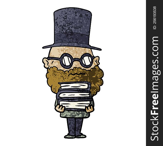 cartoon worried man with beard and stack of books. cartoon worried man with beard and stack of books