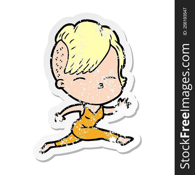 distressed sticker of a cartoon girl leaping