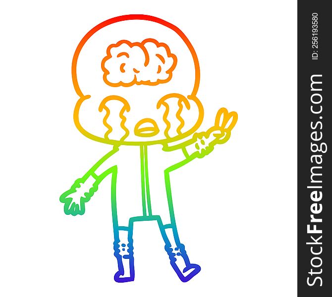 Rainbow Gradient Line Drawing Cartoon Big Brain Alien Crying And Giving Peace Sign