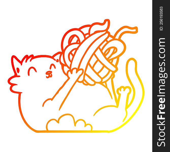 warm gradient line drawing cartoon cat playing with ball of string