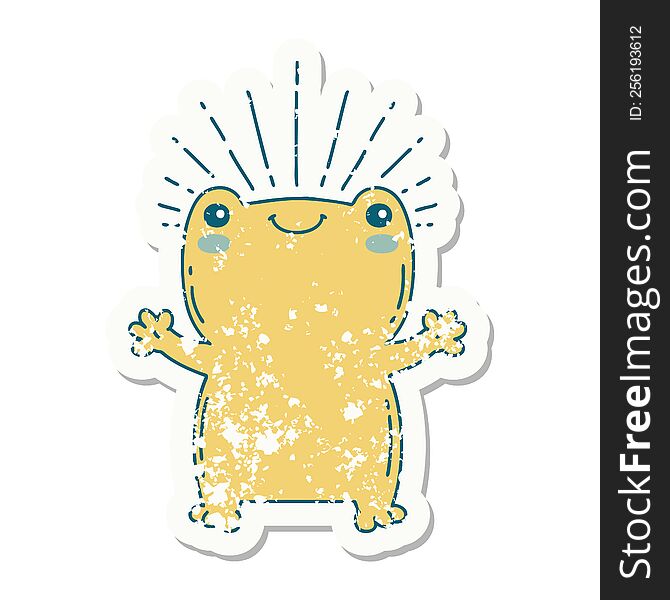 worn old sticker of a tattoo style happy frog. worn old sticker of a tattoo style happy frog