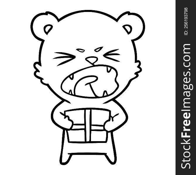angry cartoon bear with present. angry cartoon bear with present