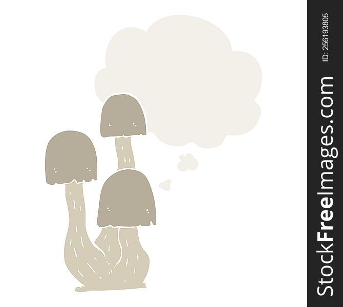 cartoon mushroom with thought bubble in retro style