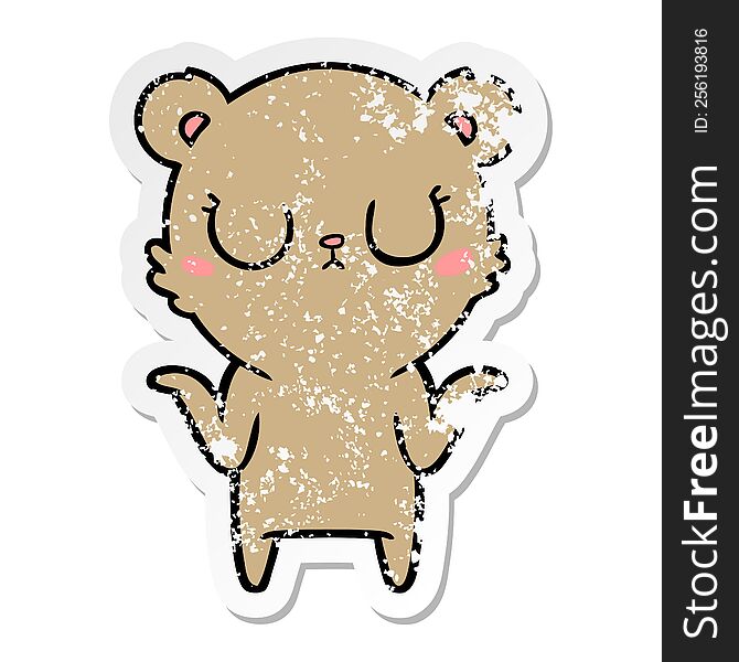 distressed sticker of a peaceful cartoon bear shrugging