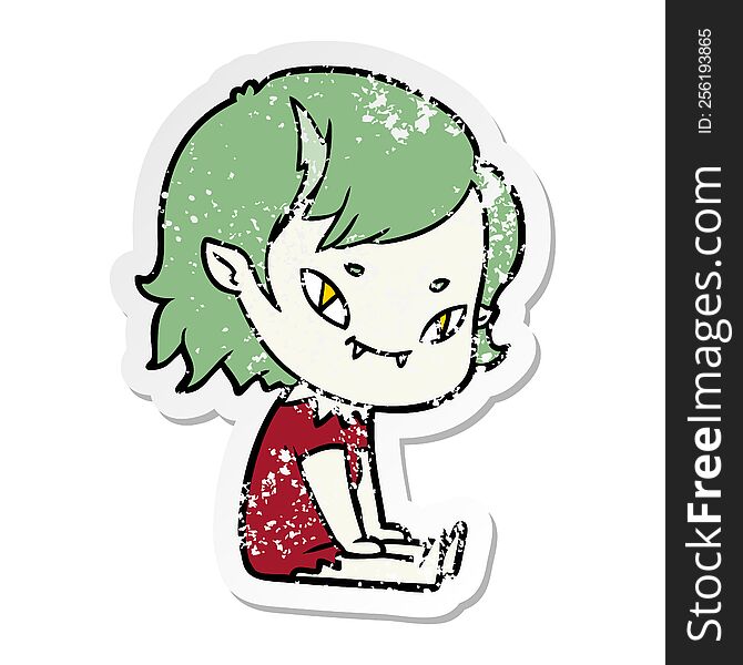 Distressed Sticker Of A Cartoon Friendly Vampire Girl Sat Down