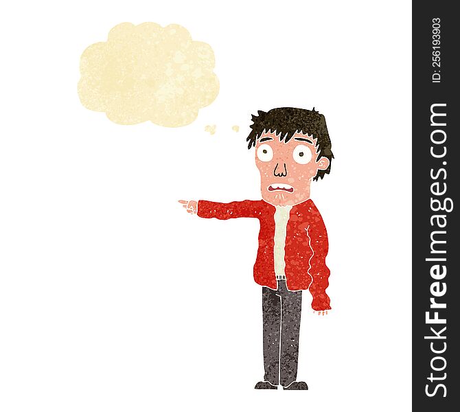 Cartoon Terrified Man Pointing With Thought Bubble