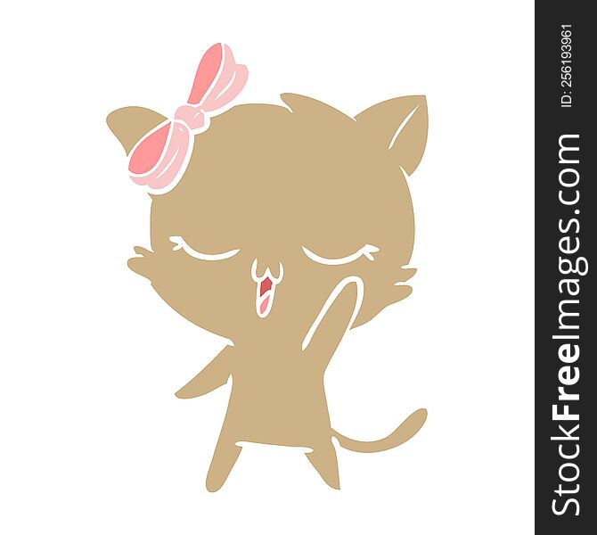 flat color style cartoon cat with bow on head waving