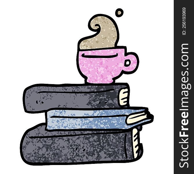 grunge textured illustration cartoon books and cup of coffee