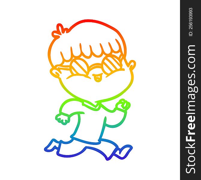rainbow gradient line drawing of a cartoon boy wearing sunglasses and running