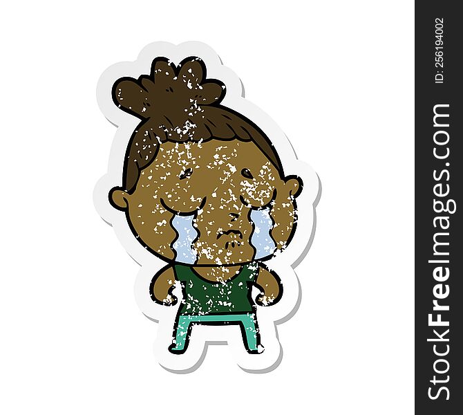 distressed sticker of a cartoon tough woman crying
