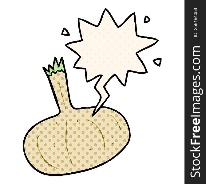 cartoon onion with speech bubble in comic book style