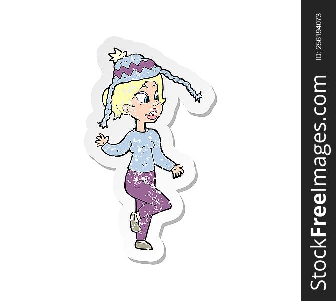 Retro Distressed Sticker Of A Cartoon Woman In Knitted Hat